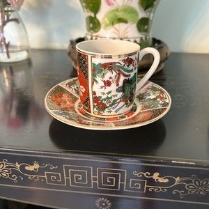 Vintage Japanese Imari demitasse cup and saucer, rickshaw, Asian decor